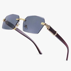 Gender Neutral Gold Frame Gray Tint Rimless Woodgrain Vintage Hip Hop Sunglasses
